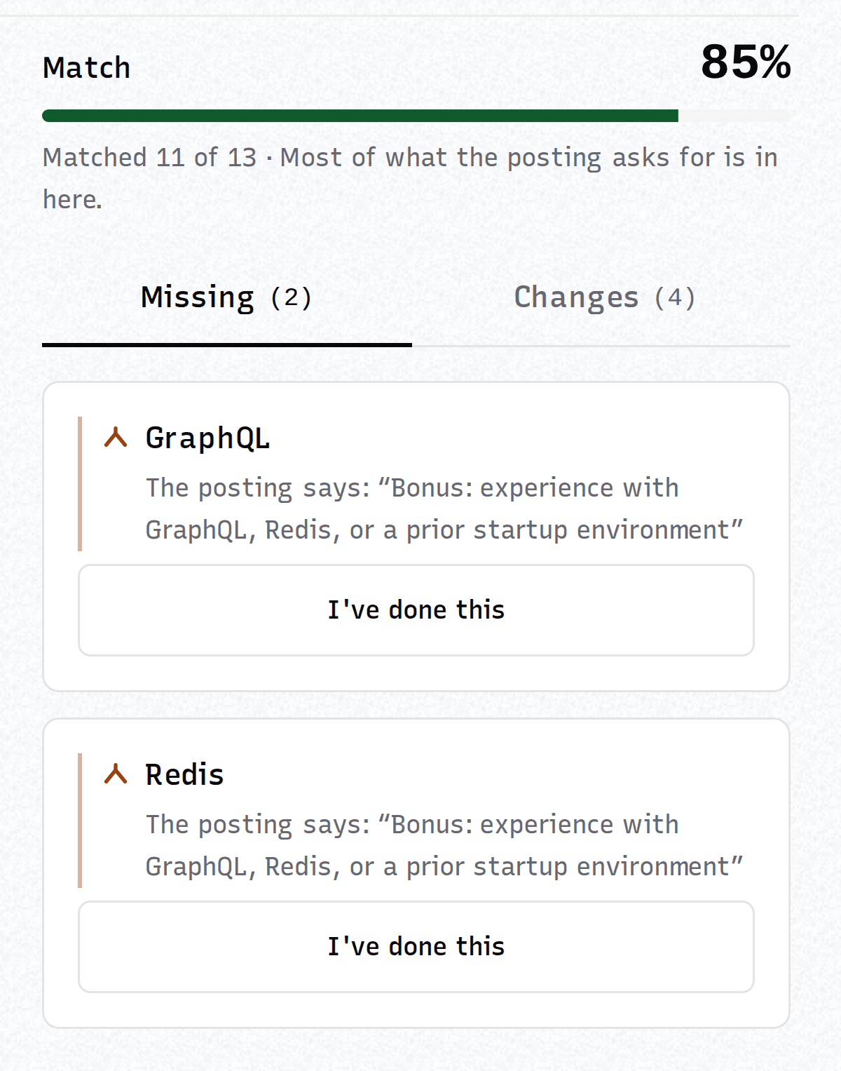 The match panel: 85 percent, matched 11 of 13, and a Missing tab listing GraphQL and Redis, each quoting the posting.